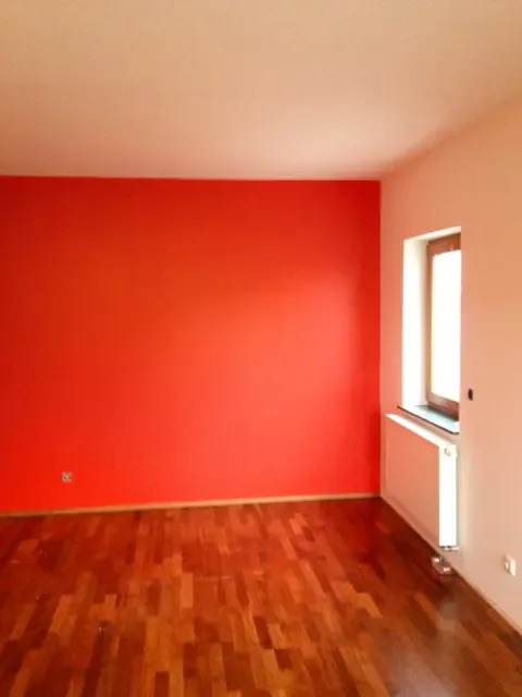 Wohnraum mit rot gestrichener Akzentwand